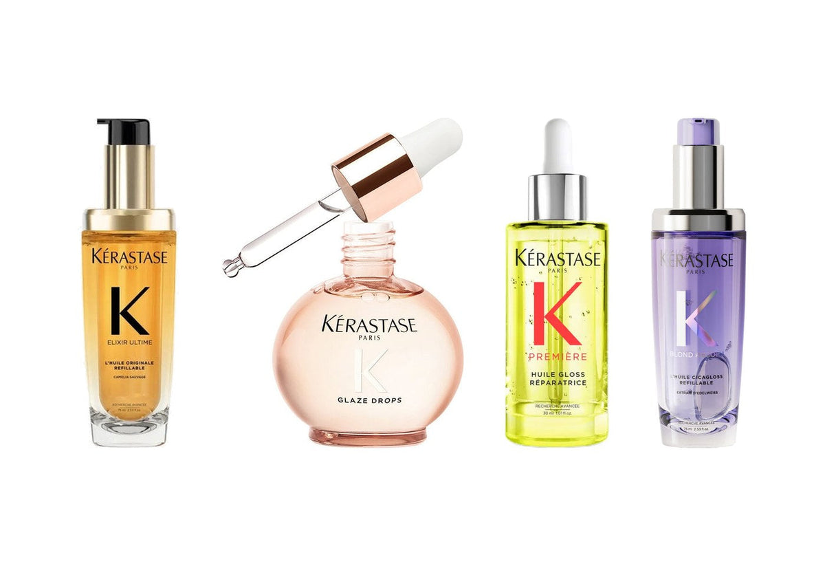 Kérastase hair oils side by side: Elixir Ultime, Gloss Absolu Glaze Drops, Première Huile Gloss and Blond Absolu Cicagloss