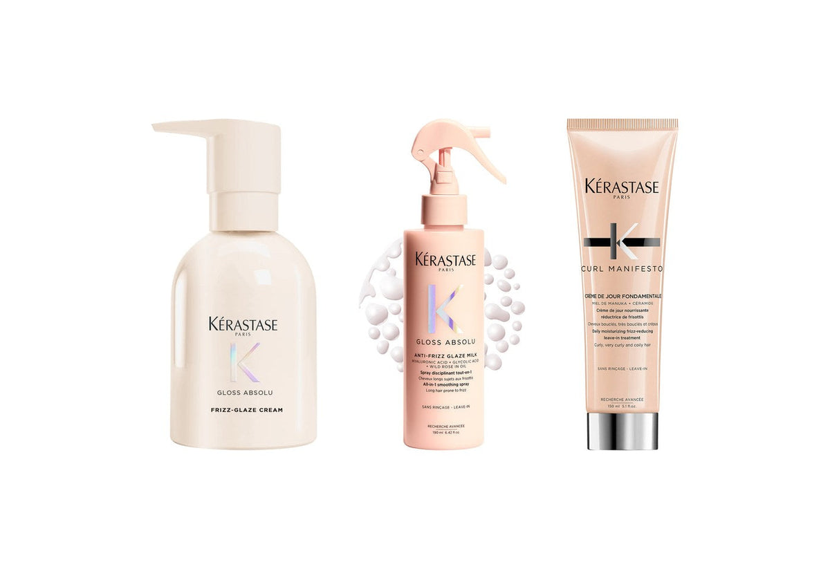 Kérastase Gloss Absolu Frizz-Glaze Cream, Gloss Absolu Spray and Curl Manifesto Crème de Jour for frizzy hair