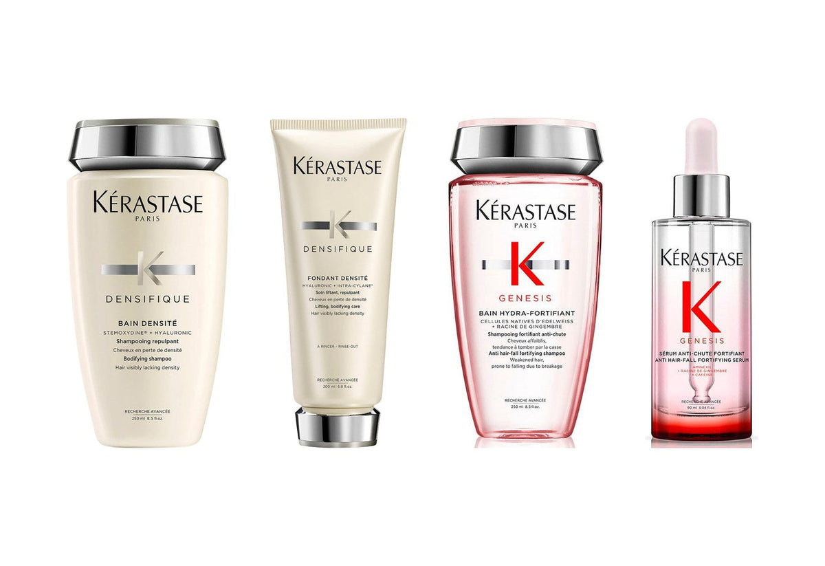 Kérastase Densifique shampoo and conditioner beside Genesis shampoo and serum
