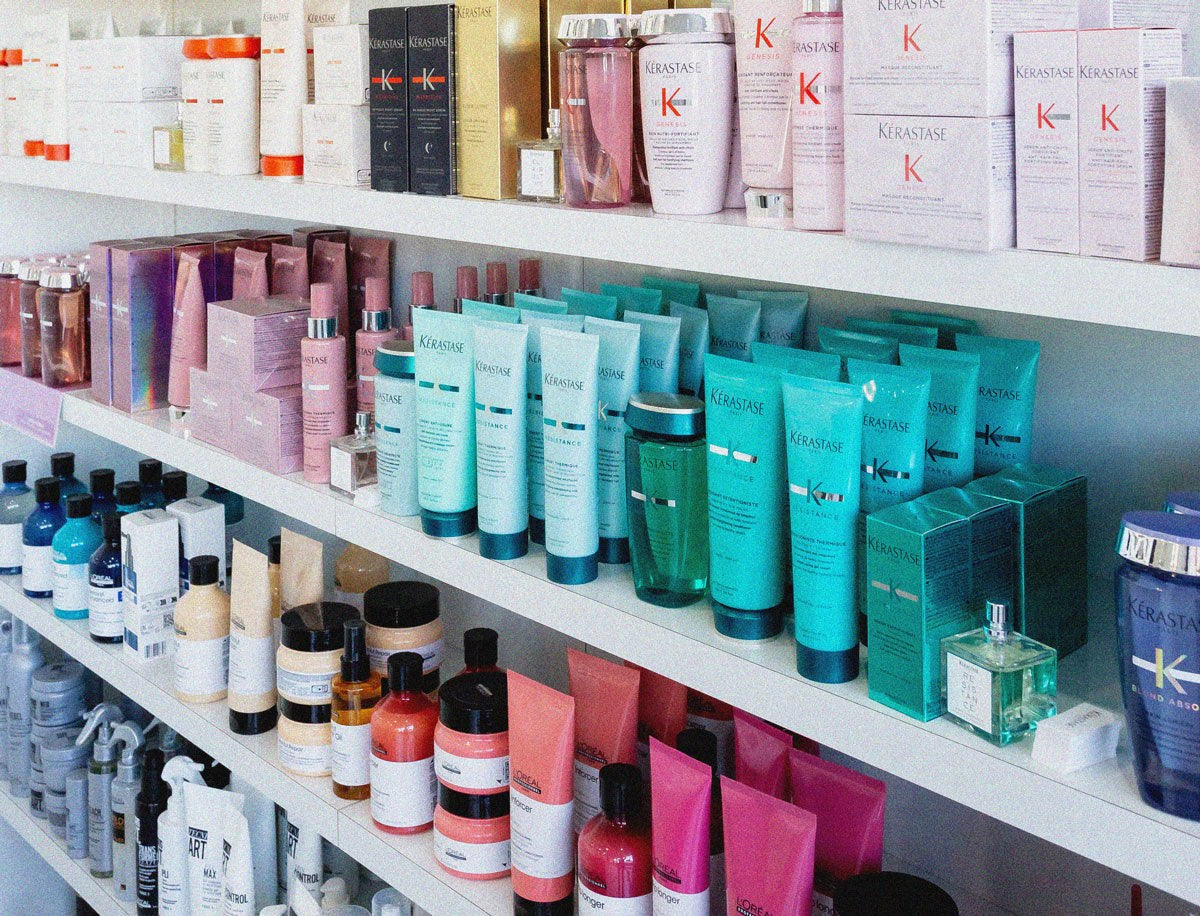 Shelves of Kérastase hair care at a Next International salon on the Gold Coast