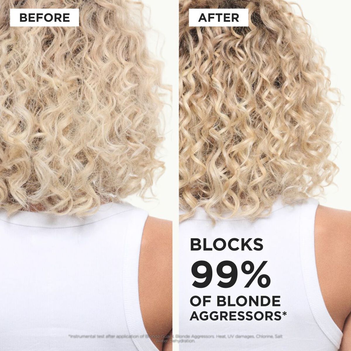 Blonde curls before and after using Kérastase Blonde Guard